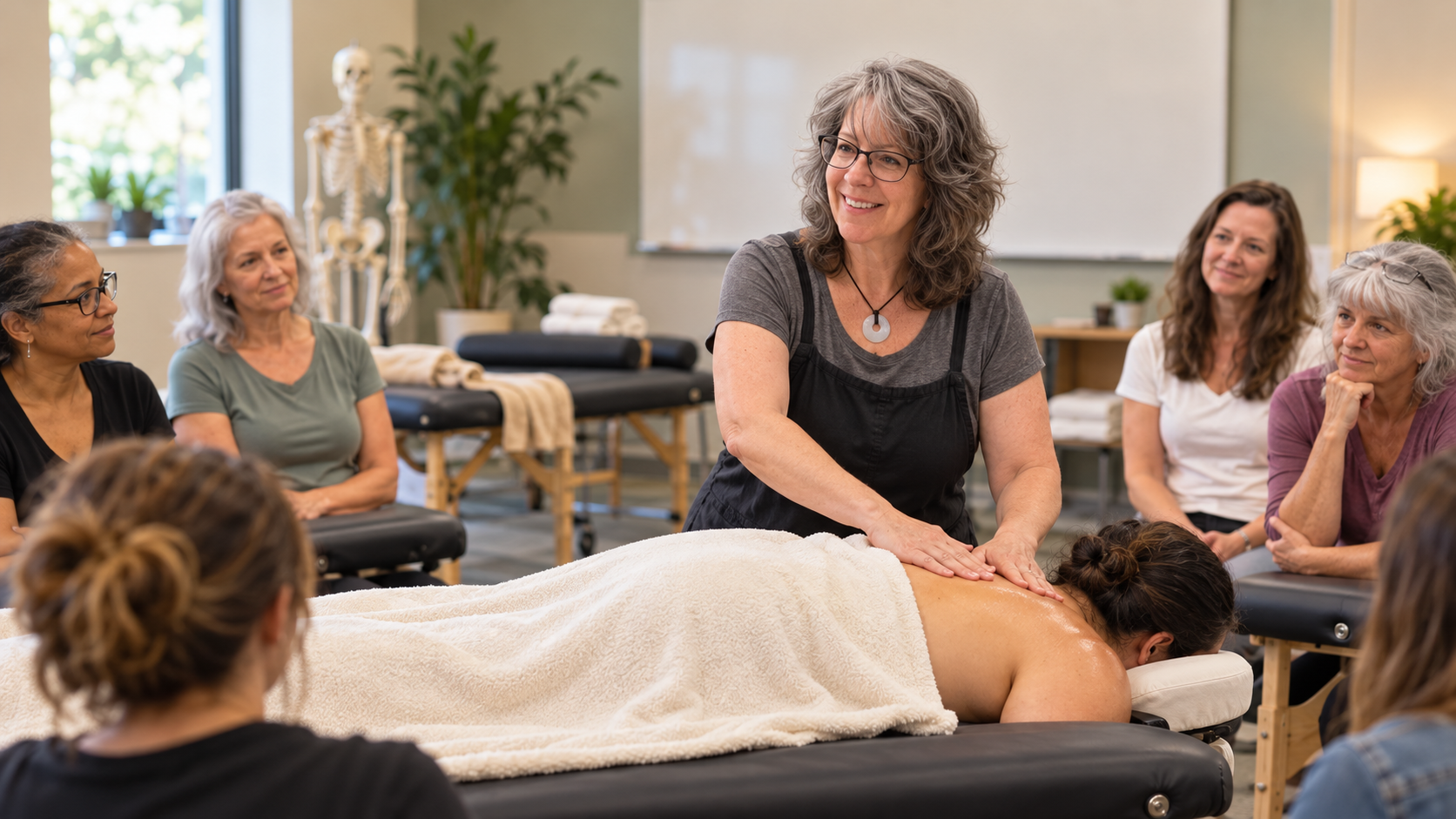 Amber teaching a hands-on massage continuing education training to a group