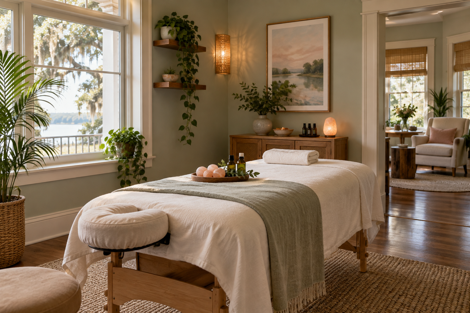 Warm professional massage treatment room with Himalayan salt stones