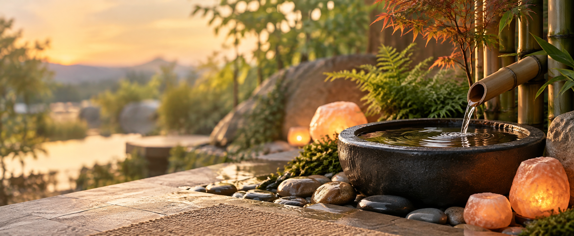 Asian-inspired garden spa with hot stones, bamboo, and a flowing water basin